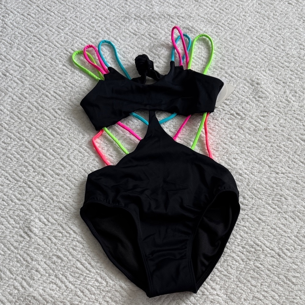 NWT Peixoto Kids Swim One Piece in Black with Neon Straps Sz 8
